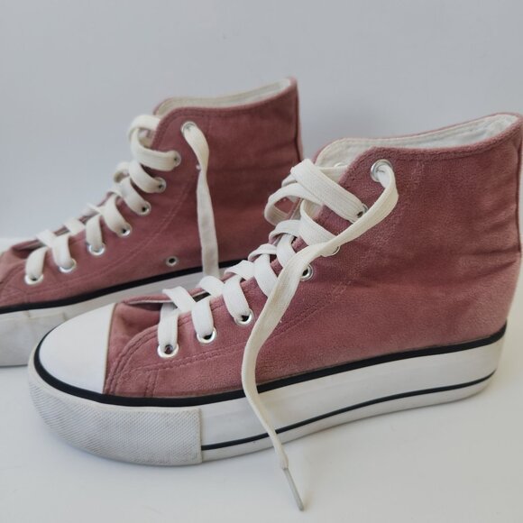 Dusty Pink Velvet Platform High Top Sneakers Chunky Summer Feminine Casual Cute - Picture 8 of 8